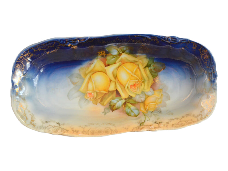 Prussia Porcelain Tray Cobalt with Yellow Roses