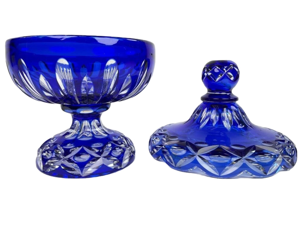 Bohemian Glass Overlay Cobalt Cut to Clear Covered Compote