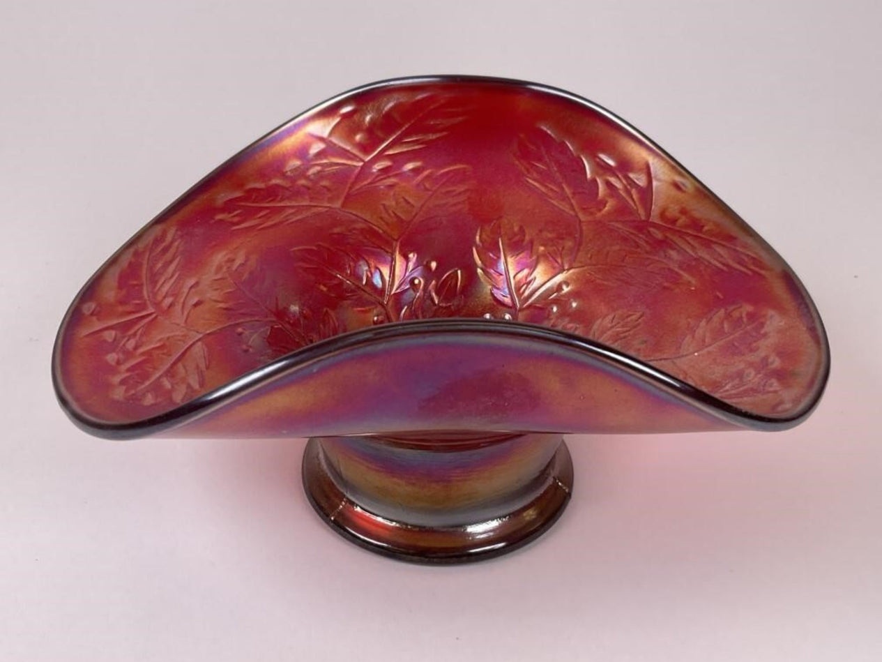 Fenton Red Carnival Glass Hat Vase w/ Holly Decoration
