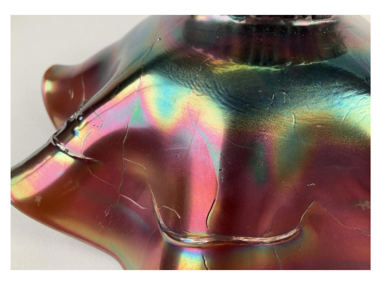 Northwood Amethyst Carnival Glass Three Fruits Medallion & Grapes Leaves Exterior Dome Base