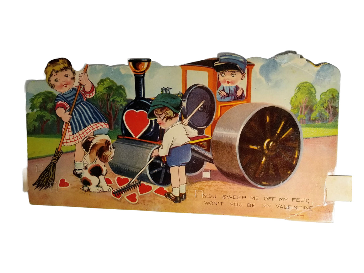 Large Rare Mechanical Vintage Antique Valentine Card Embossed Children Sweeping Hearts with Dog Child Driving Steam Roller