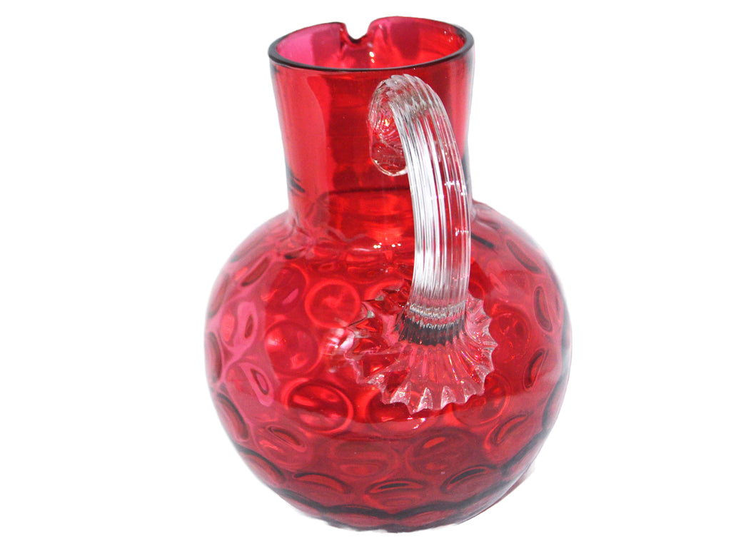 Antique 19th Century Cranberry Glass Inverted Thumbprint Polka Dot Water Pitcher Reeded Handle