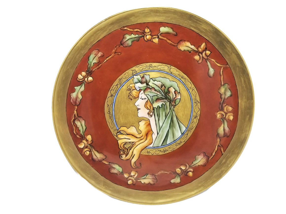 Large French Porcelain T&V Limoges Burgundy Charger Plaque Mucha Autumn Harvest Goddess