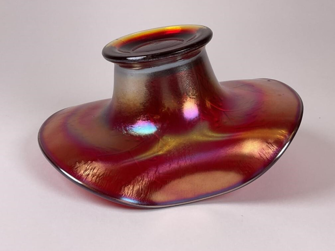 Fenton Red Carnival Glass Hat Vase w/ Holly Decoration