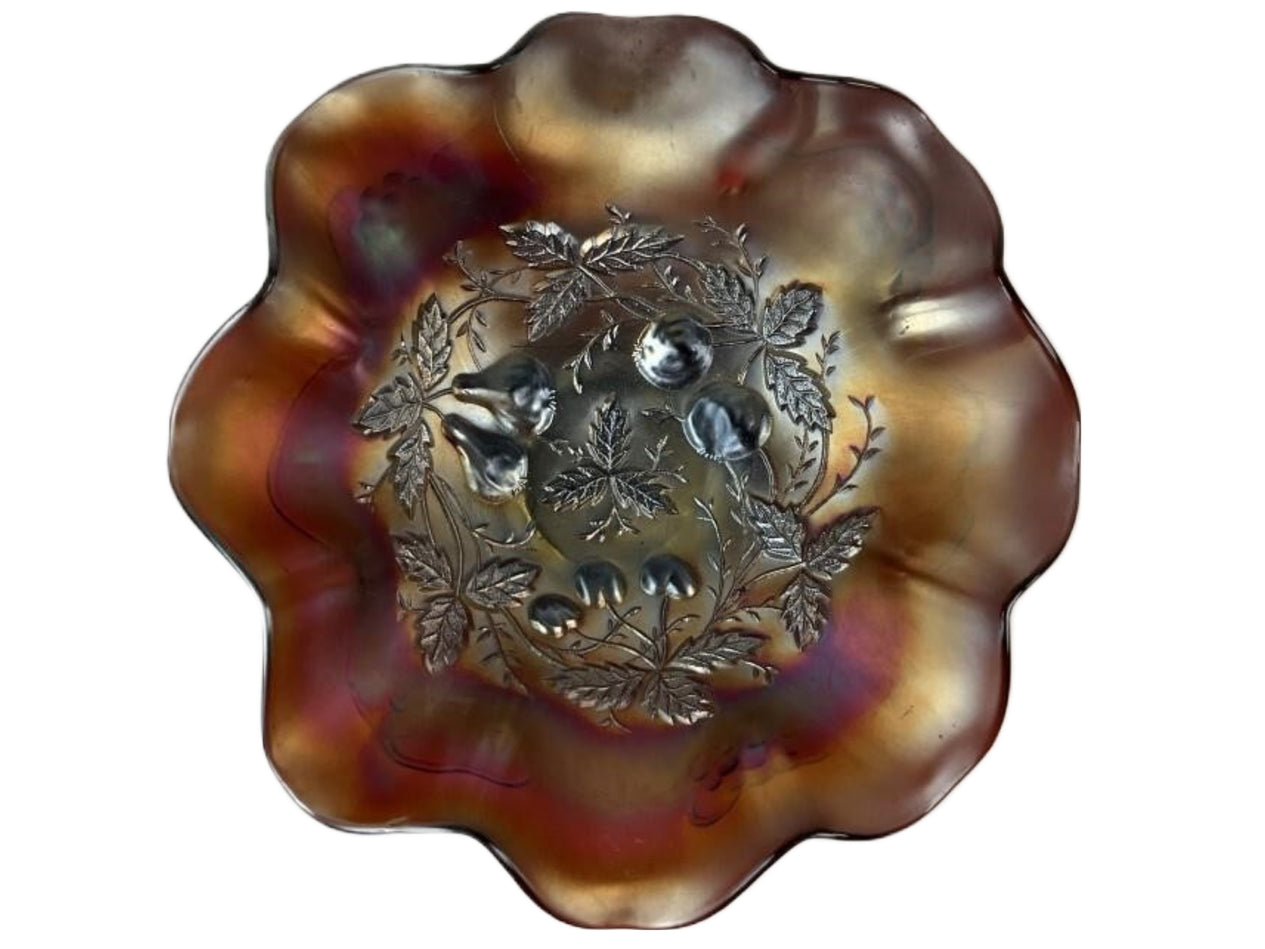 Northwood Amethyst Carnival Glass Three Fruits Medallion & Grapes Leaves Exterior Dome Base