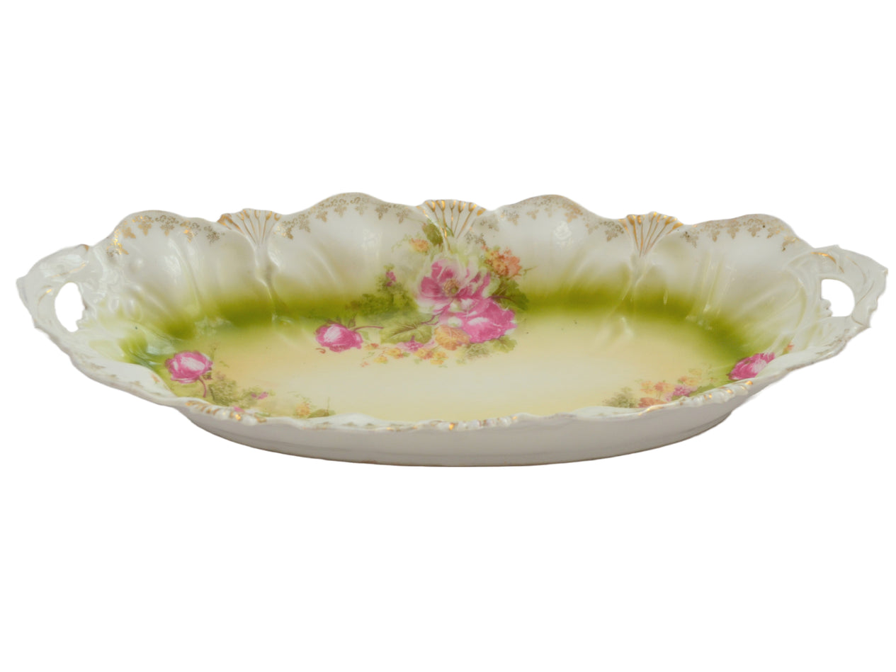 RS Prussia Porcelain Relish Tray Mold 108 Fan Seashell Design Pink Flowers 12"