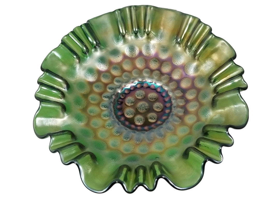 Fenton Green Carnival Glass Coin Dot Pattern 3-in-1 Edge Bowl