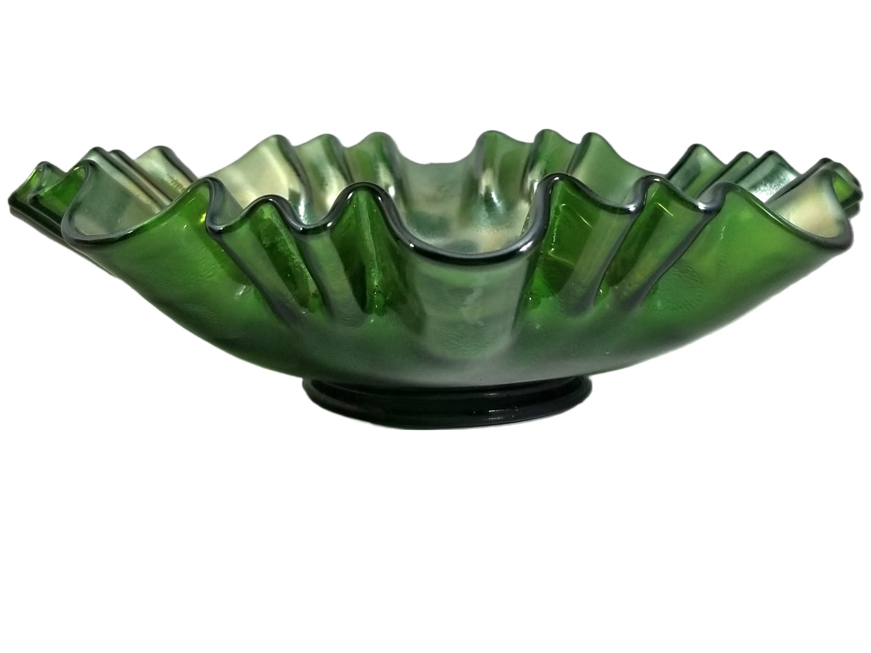 Fenton Green Carnival Glass Coin Dot Pattern 3-in-1 Edge Bowl