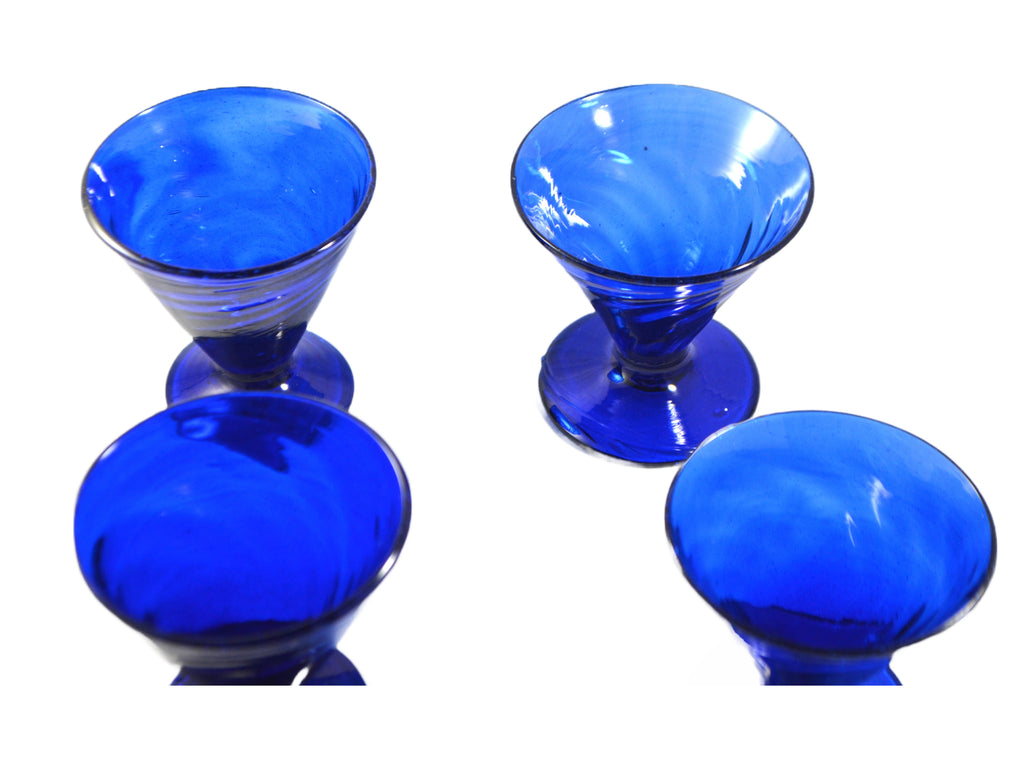Set of Four Early Soda Glass Style Hand Blown Cobalt Blue Pedestal Cordial Shot Glasses