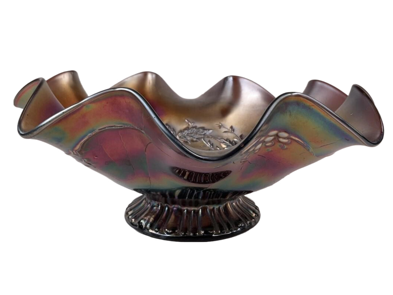 Northwood Amethyst Carnival Glass Three Fruits Medallion & Grapes Leaves Exterior Dome Base