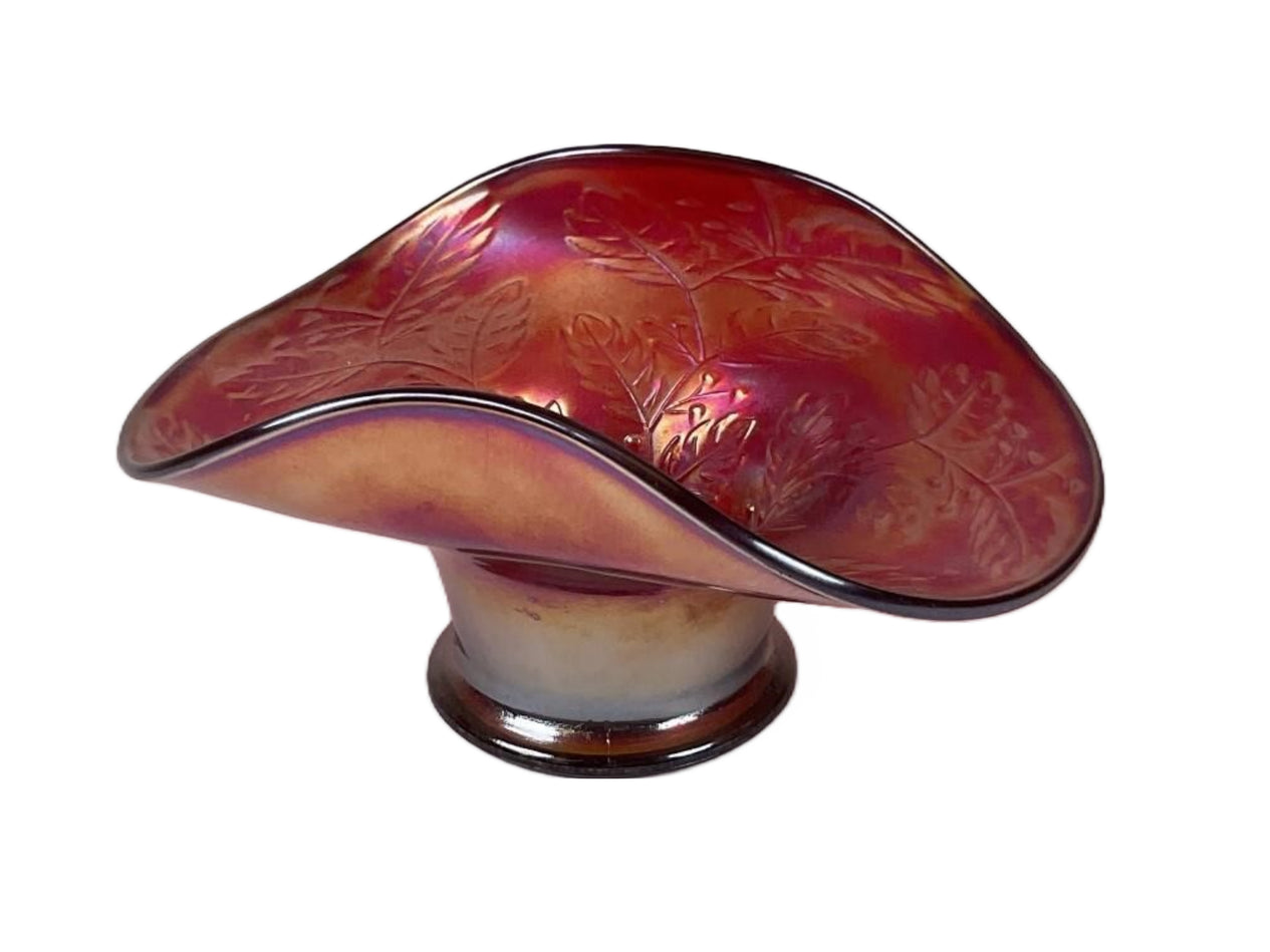 Fenton Red Carnival Glass Hat Vase w/ Holly Decoration