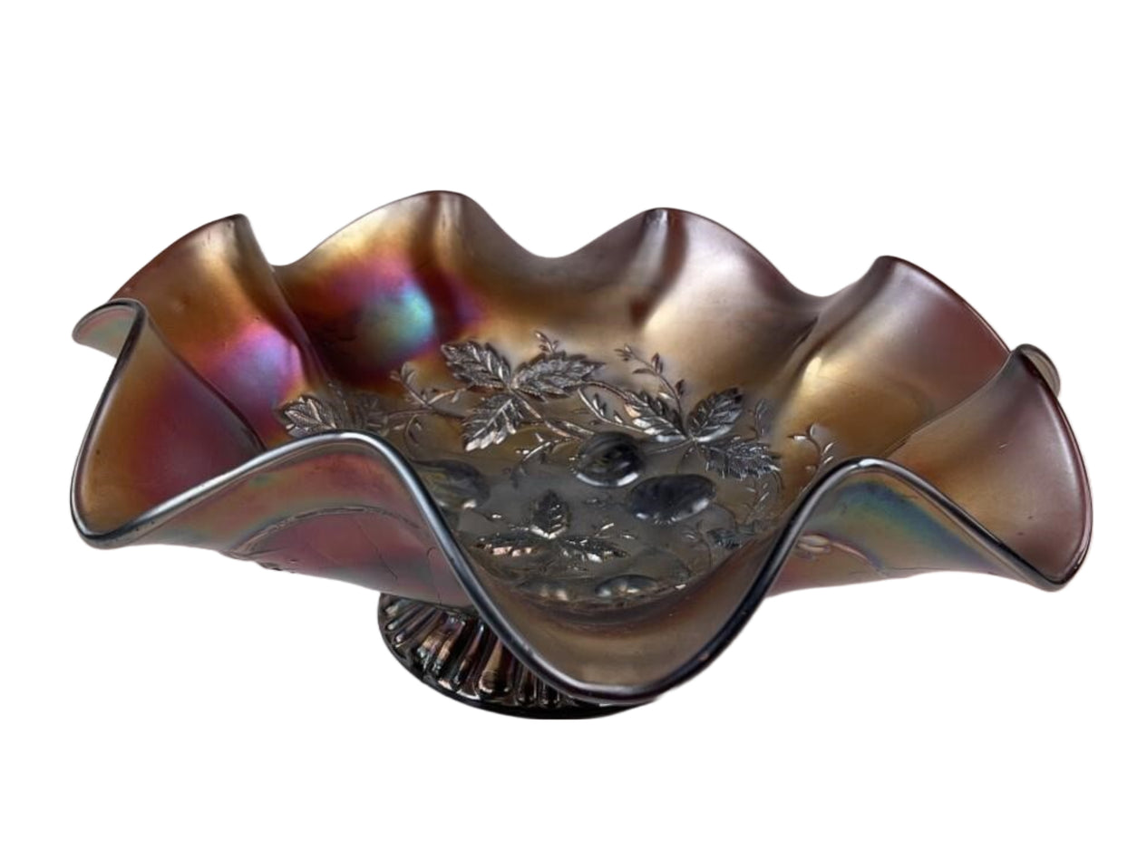 Northwood Amethyst Carnival Glass Three Fruits Medallion & Grapes Leaves Exterior Dome Base