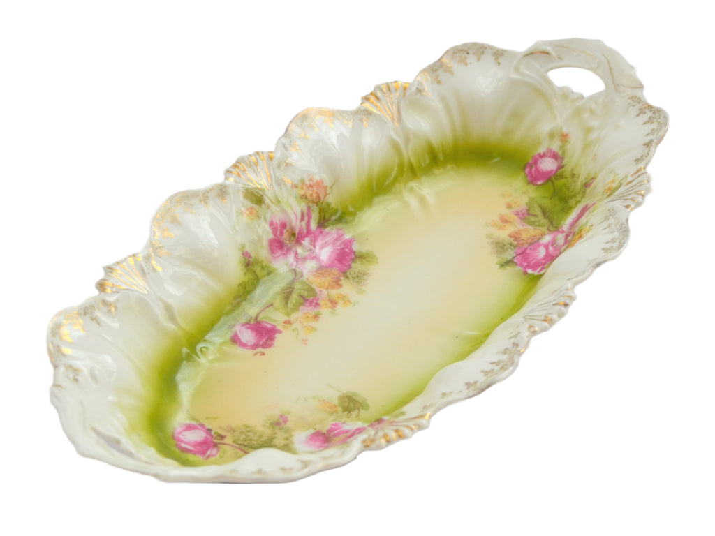 RS Prussia Porcelain Relish Tray Mold 108 Fan Seashell Design Pink Flowers 12"