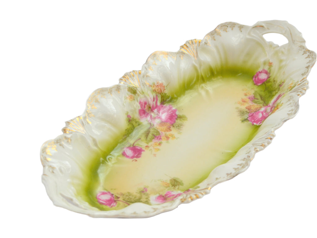 RS Prussia Porcelain Relish Tray Mold 108 Fan Seashell Design Pink Flowers 12"