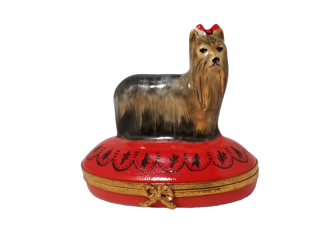 Limoges Trinket Box Artoria Yorkshire Dog Terrier Yorkie on Pillow Artist Initialed