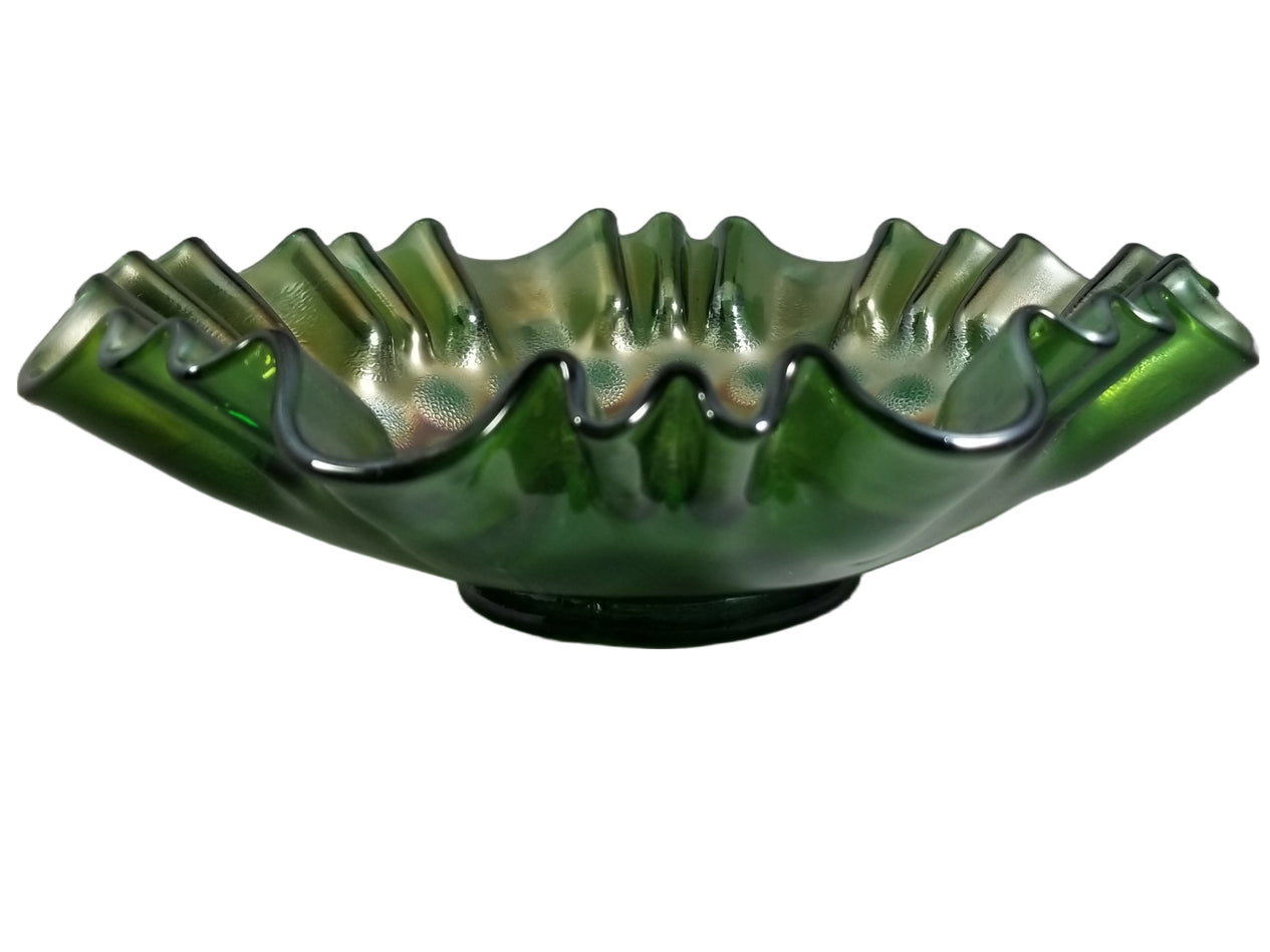 Fenton Green Carnival Glass Coin Dot Pattern 3-in-1 Edge Bowl
