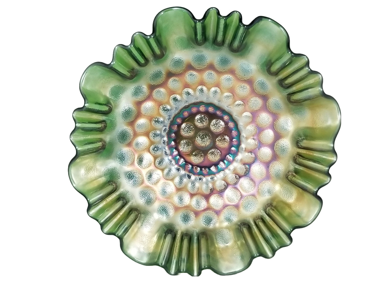Fenton Green Carnival Glass Coin Dot Pattern 3-in-1 Edge Bowl