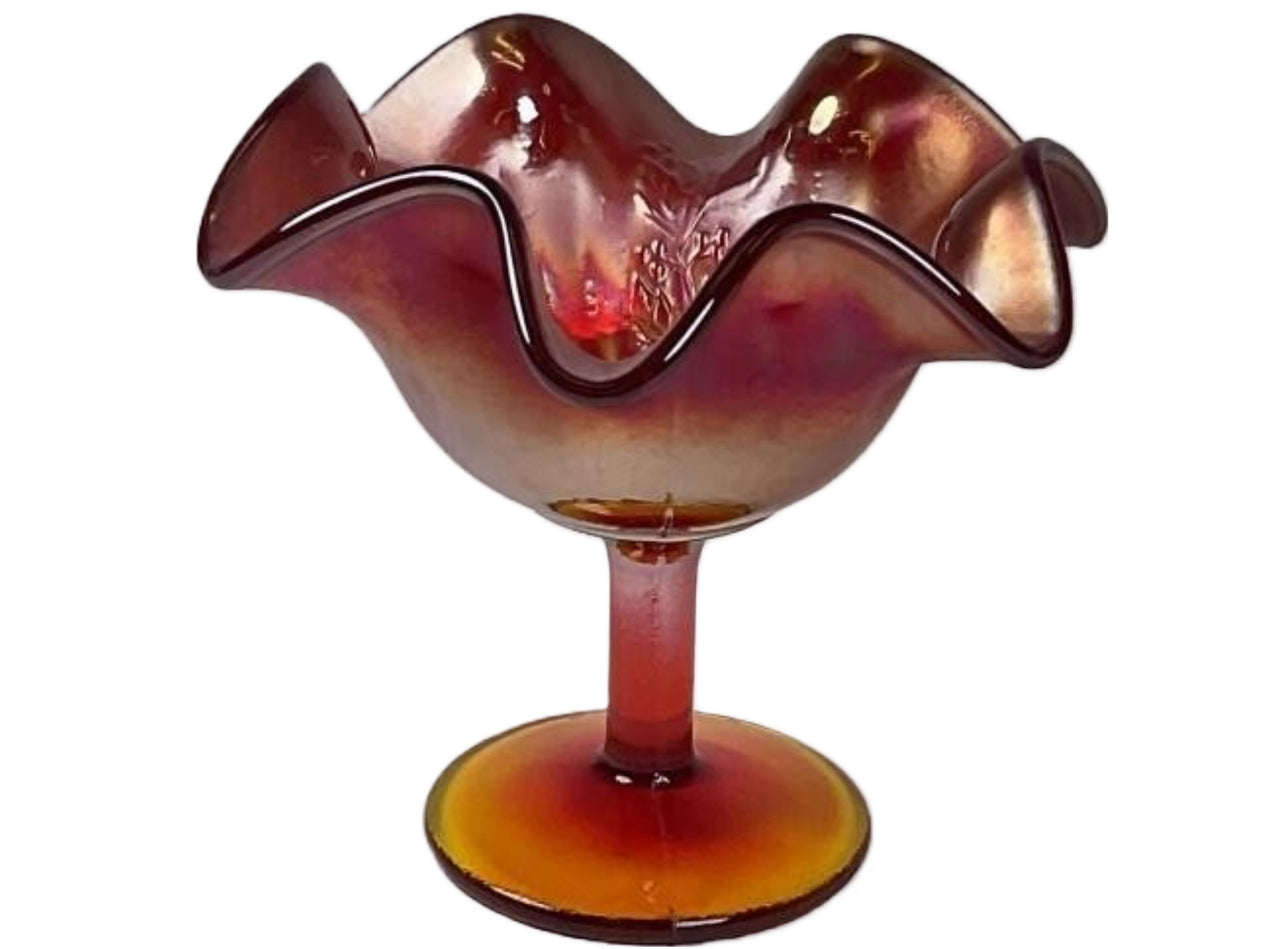 Rare Fenton Amberina Red Carnival Glass Compote Vase w/ Holly Decoration & Yellow Stem