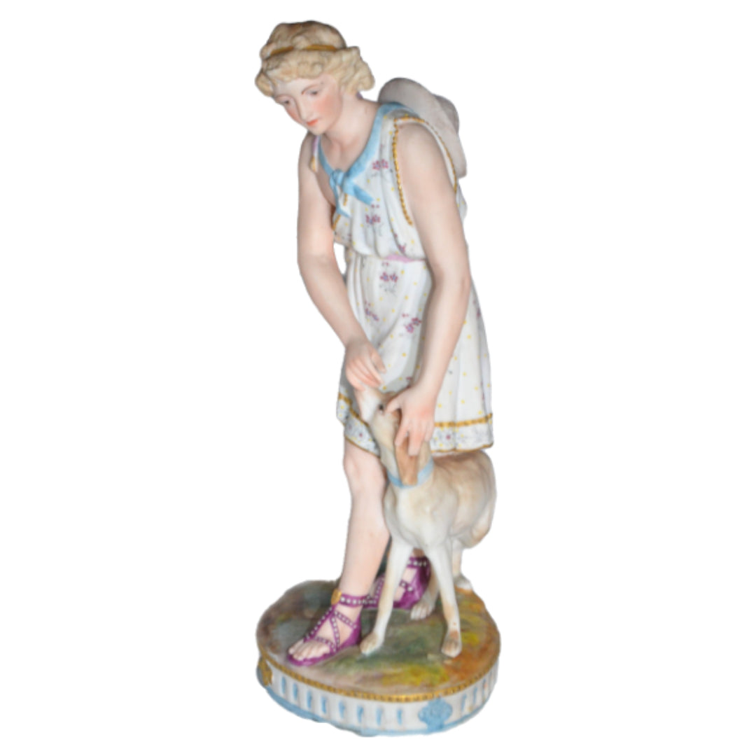 Old Paris French Bisque Sculpture Man and Dog Hand Painted Biscuit Porcelain 12" T Early Embossed Mark