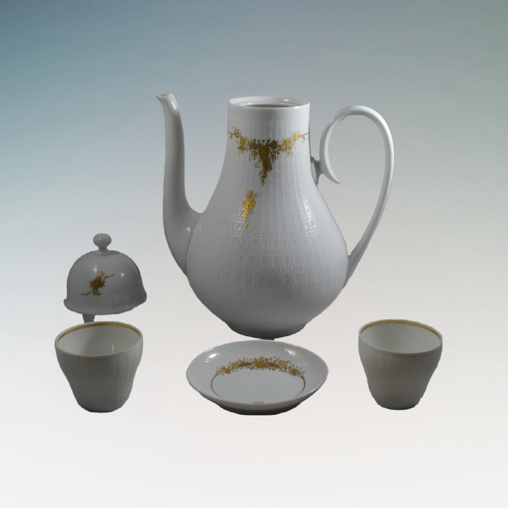 Rosenthal Tea Service for Two Teapot & Cups Gold Floral Trim Bjorn Wiinblad Studio Line Germany