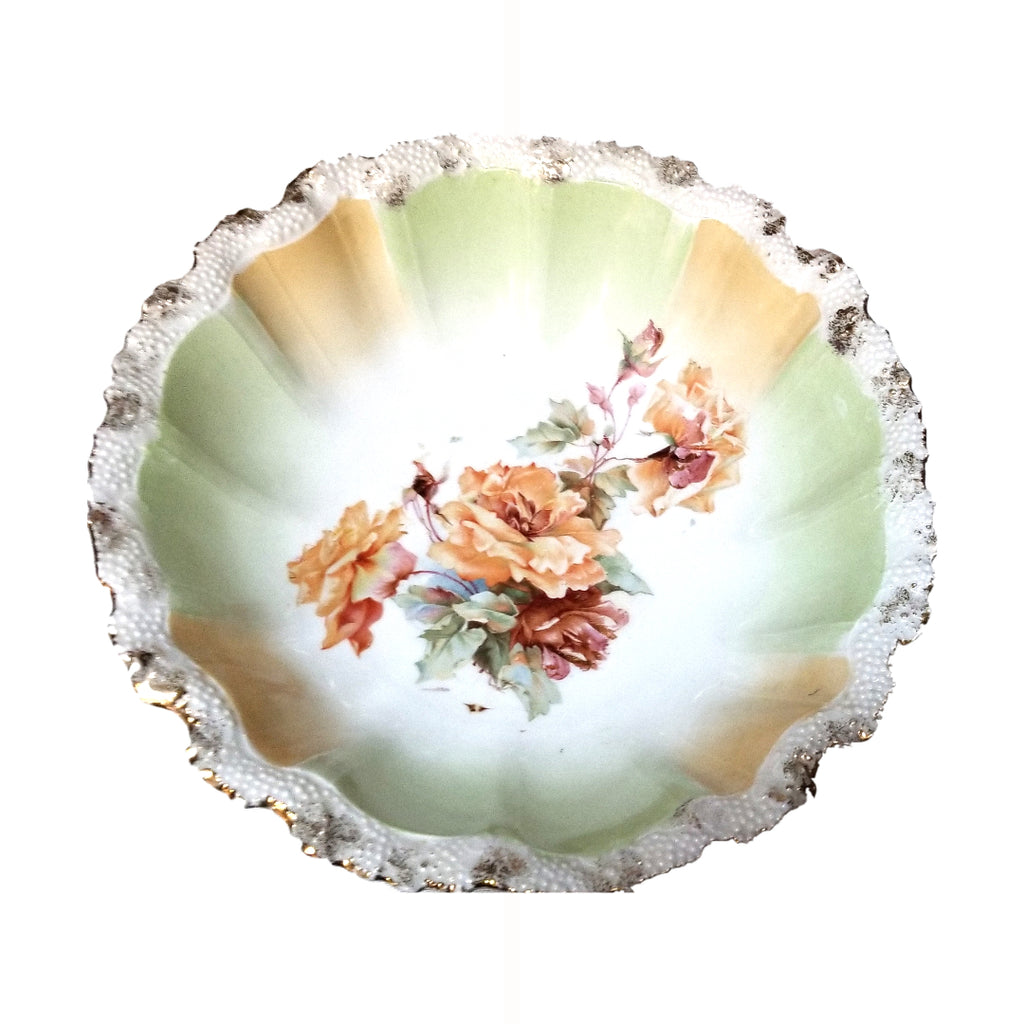 RS Prussia Porcelain Bowl Stipple Flower Mold 23 Peach & Tea Green Colors