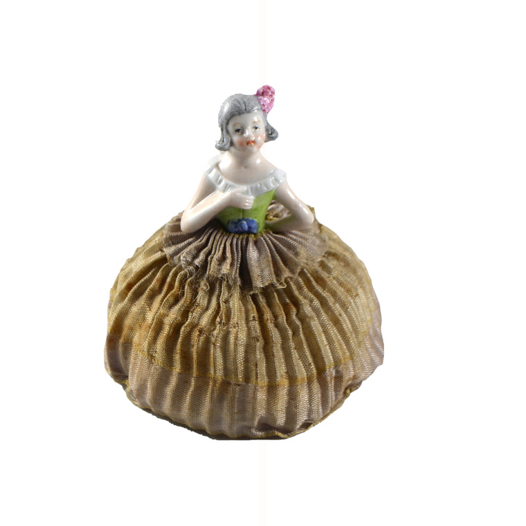 Diminutive Half Doll on Pincushion 14855 Germany Silver Hair Green Top