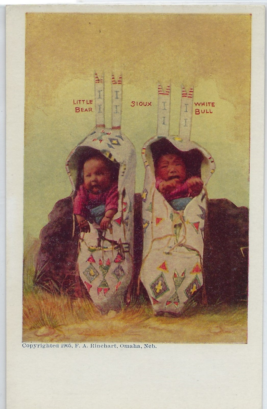 Artist Postcard Native American Sioux Babies Little Bear White Bull in Papoose Marked F.A. Rinehart Omaha Nebraska 1905 Early Undivided Back