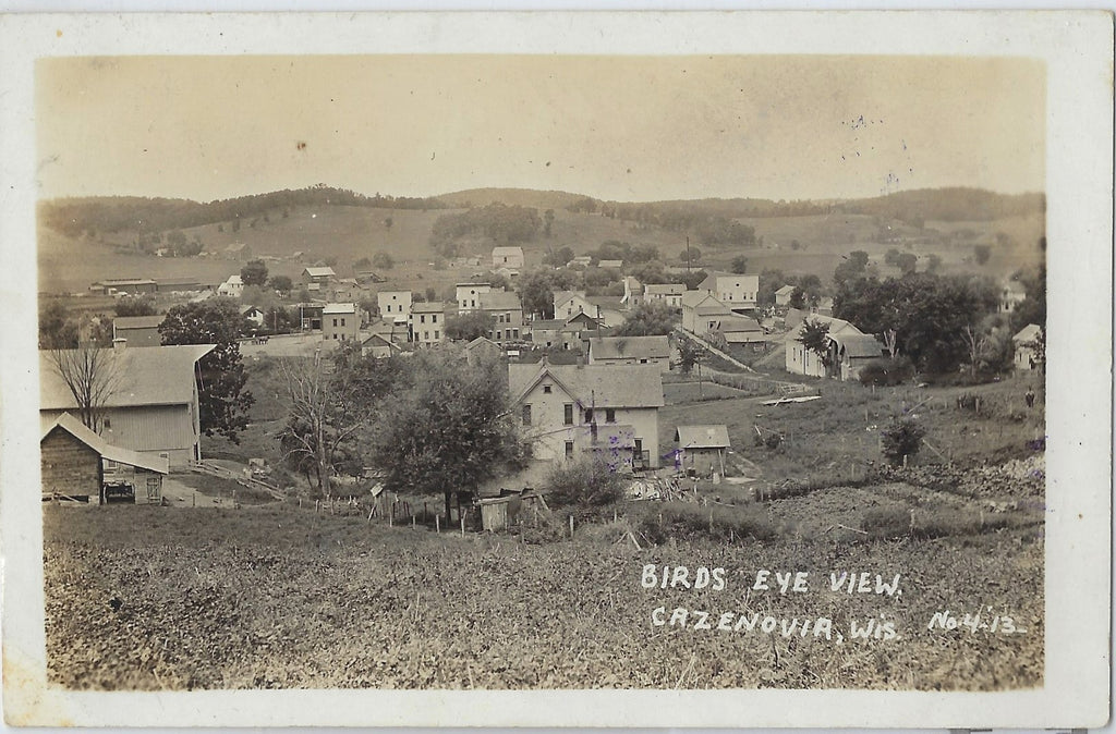 RPPC Birds Eye View Cazenovia Wisconsin Real Photo Card Town View 1913