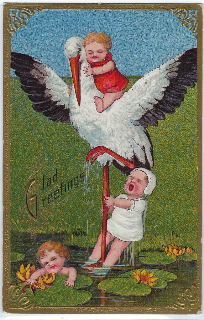 Babies Riding Stork Series Card Embossed Greetings Welcome New Baby Postcard