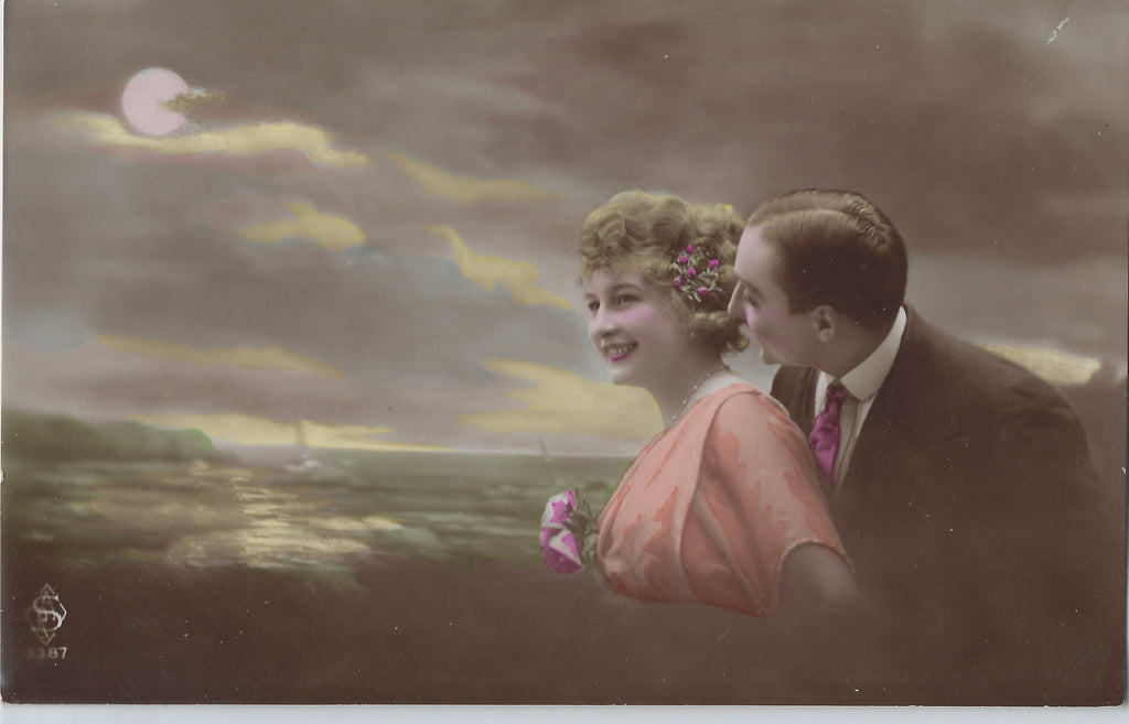 RPPC Real Photo Hand Tinted Couple with Ocean In Background Moonlit Night Sky No 2387