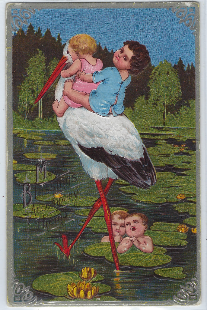 May Blessings Accompany Them Babies Riding Stork Series Card Embossed Greetings Welcome New Baby Postcard