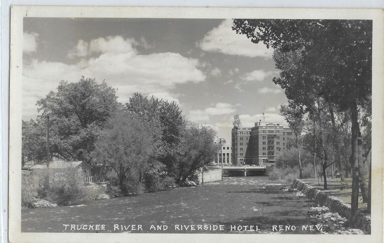 RPPC Real Photo Postcard 1948 Truckee River & Riverside Hotel Reno Nevada War Bonds Cancellation on Back