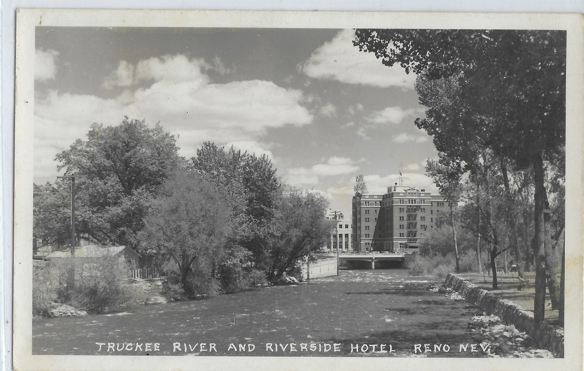 RPPC Real Photo Postcard 1948 Truckee River & Riverside Hotel Reno Nevada War Bonds Cancellation on Back