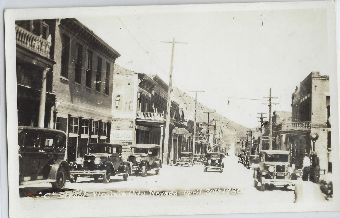 RPPC Real Photo Postcard "C" Street Virginia City Nevada April 20th 1930 Street Scene w/ Old Cars