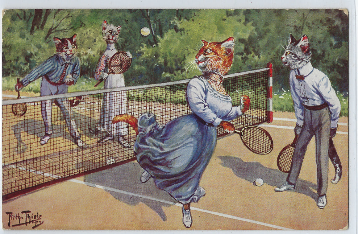 RARE Arthur Thiele Artist Postcard Cats in Victorian Dress Playing Tennis Anthropomorphic Humanized Animal T.S. N. Series 1214