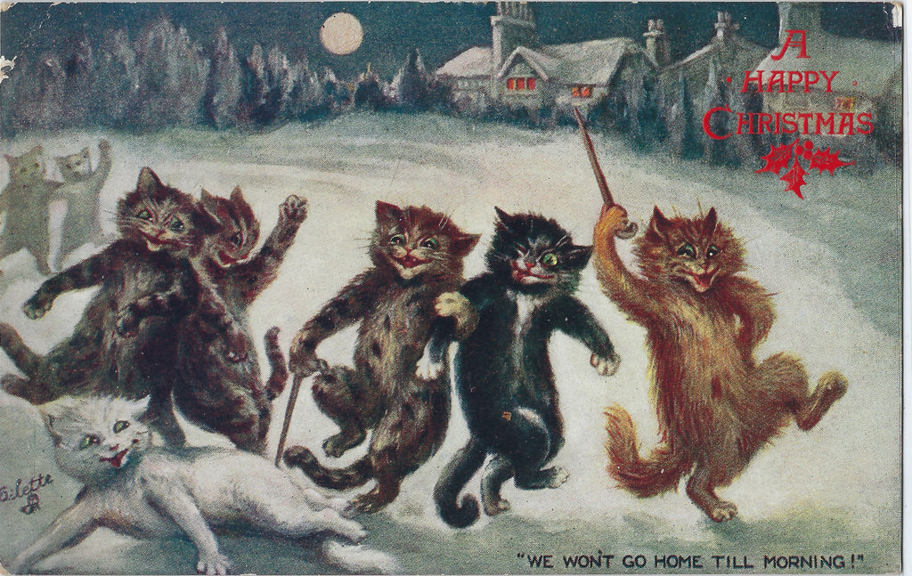 Scarce Louis Wain 'We Won't Go Home Till Morning' Happy Christmas Raphael Tuck Oilette 1907 C132