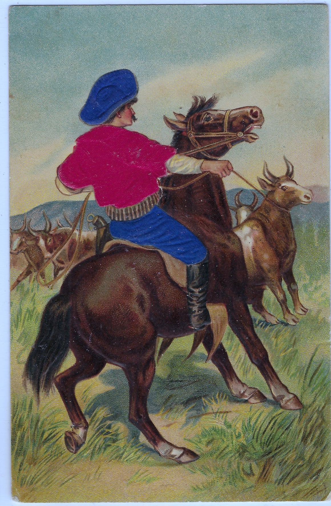 Cowboy Riding Horse on Cattle Drive Silk Applied Embossed Western Postcard