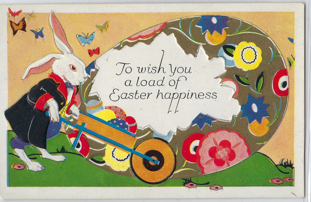 Art Deco Easter Postcard Embossed Anthropomorphic Dressed Bunny Rabbit Pushing Wheelbarrow of Eggs Series  563