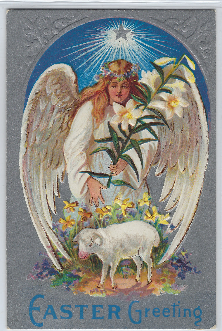 Easter Lily Series Postcard Angel in White with Sheep Silver Embossed Background