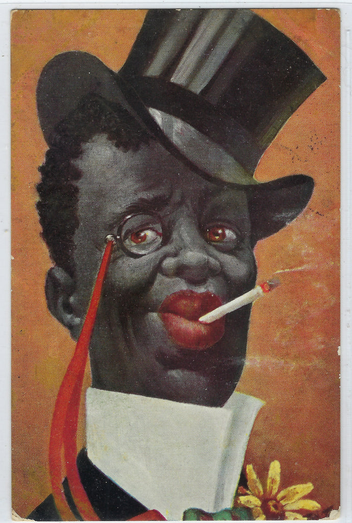 Rare Arthur Thiele Postcard Black Americana Dapper Gentleman in Stovetop Hat Smoking Cigarette Series 306