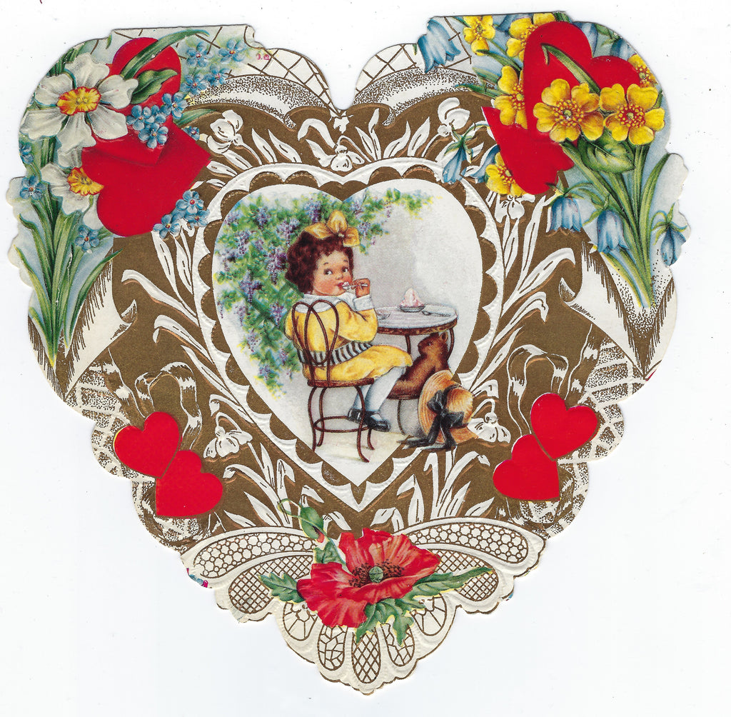 Die Cut Heart Shaped Embossed Valentine Card Whitney Made Little Girl Having Tea Party with Teddy