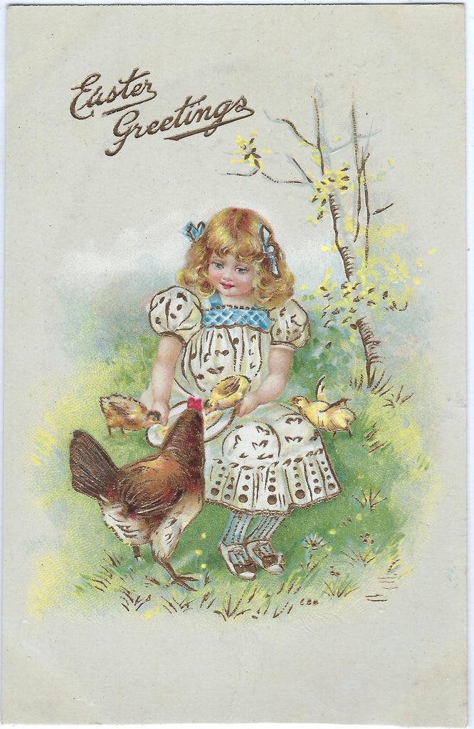 Easter Postcard Gold Embossed Little Girl in White Dress with Mother Hen and Baby Chicks Germany