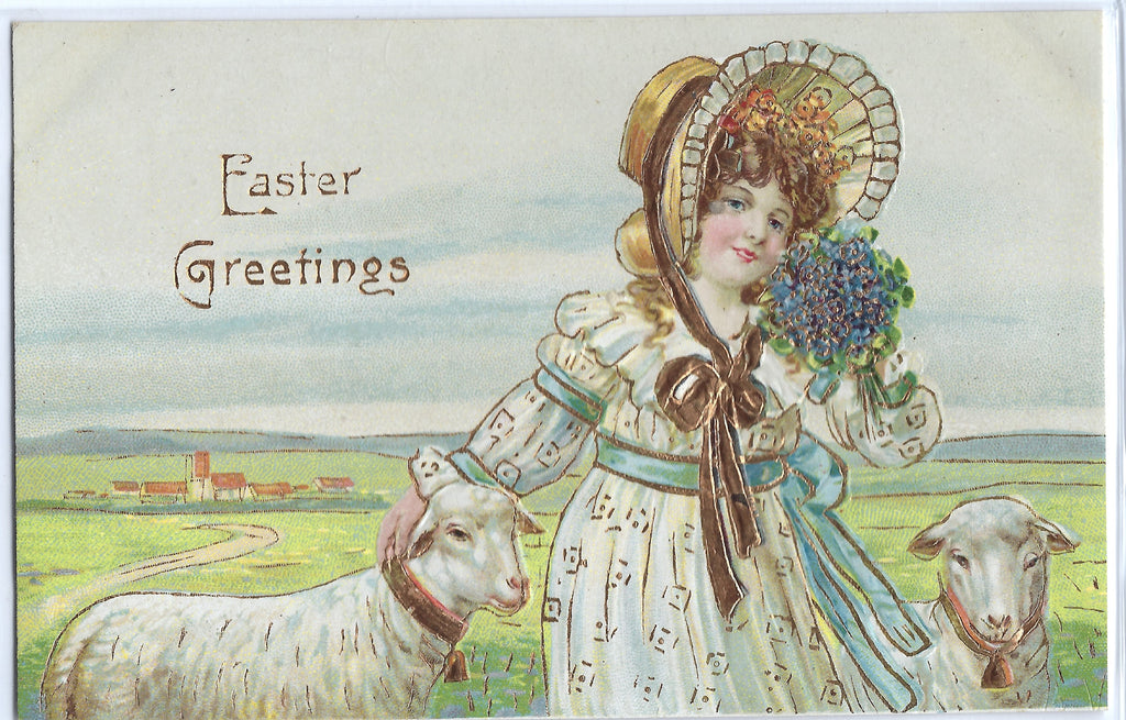 Easter Postcard Gold Embossed Little Girl in Bonnet & White Dress with Lambs Holding Painted Eggs Basket Germany