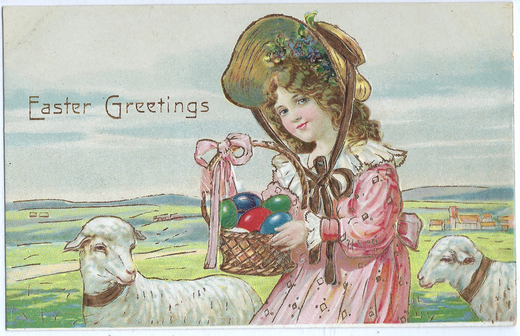 Easter Postcard Gold Embossed Little Girl in Bonnet with Lambs Holding Painted Eggs Basket Germany