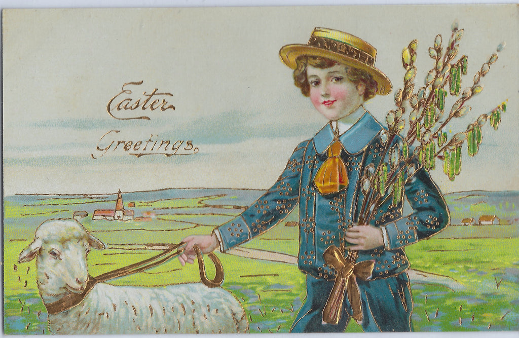 Easter Postcard Gold Embossed Boy in Blue Suit with Lamb Holding Pussy Willows Germany