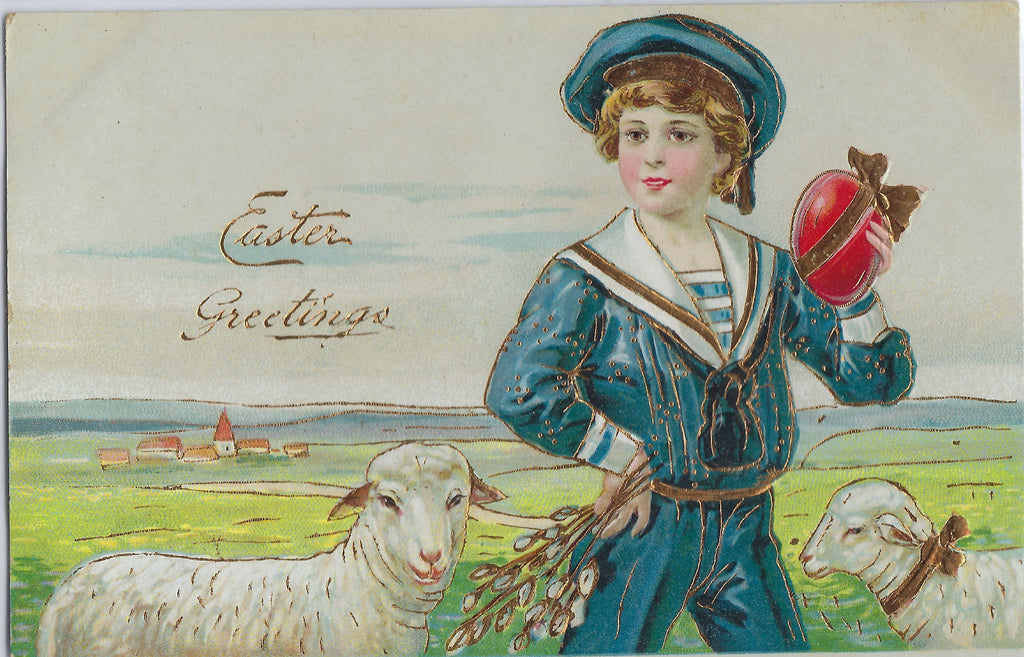 Easter Postcard Gold Embossed Boy in Blue Sailor Suit with Lambs Holding Wrapped Egg Germany