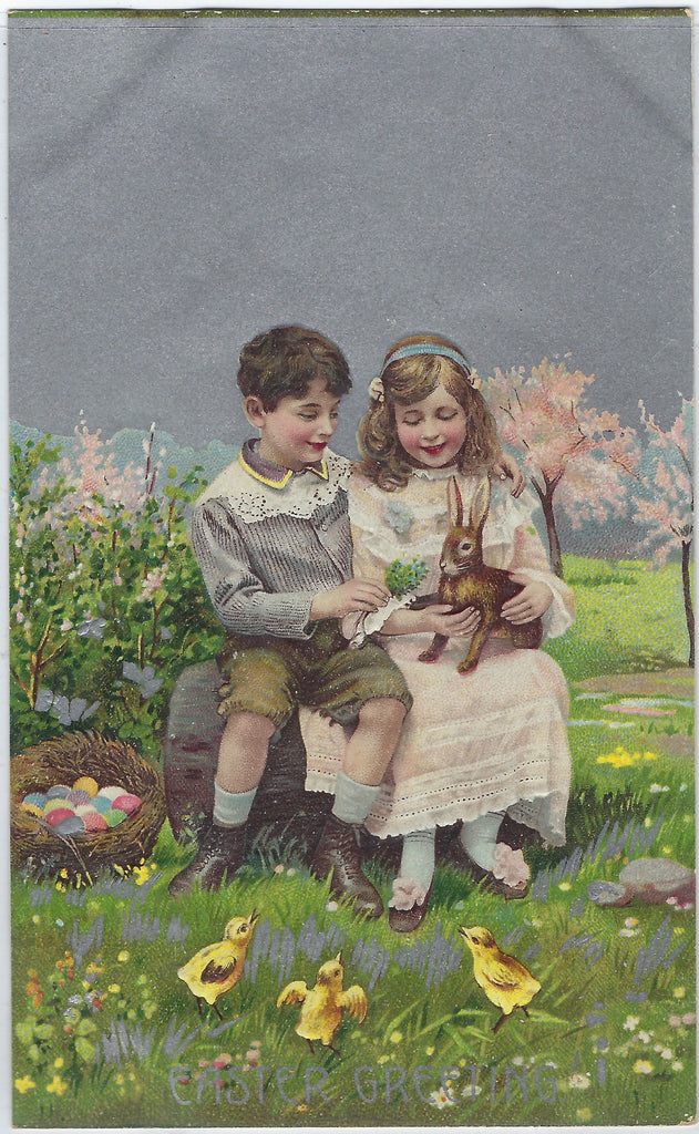 Easter Postcard Children Holding Bunny Rabbit with Painted Eggs Silver Background Germany