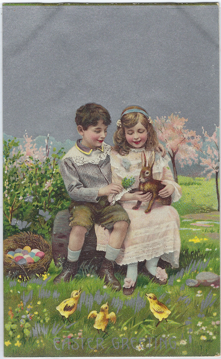 Easter Postcard Children Holding Bunny Rabbit with Painted Eggs Silver Background Germany