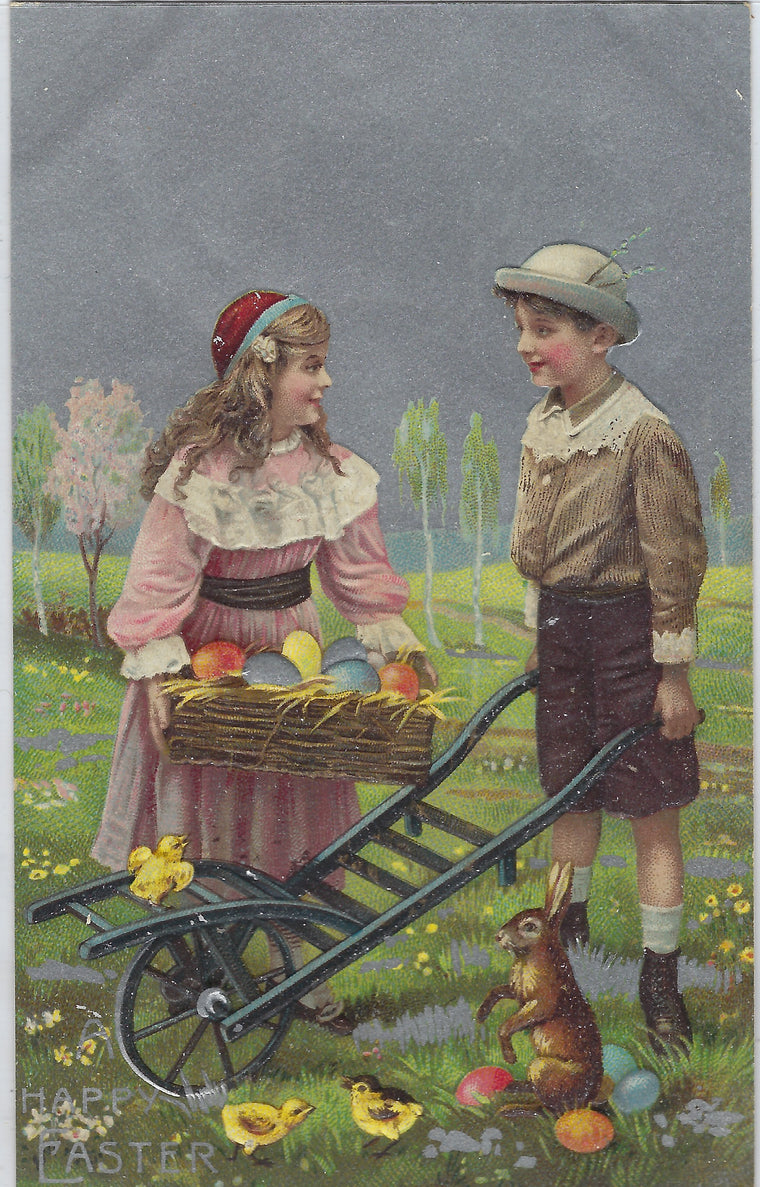 Easter Postcard Children with Painted Eggs Wagon and Bunny Rabbit Silver Background Germany