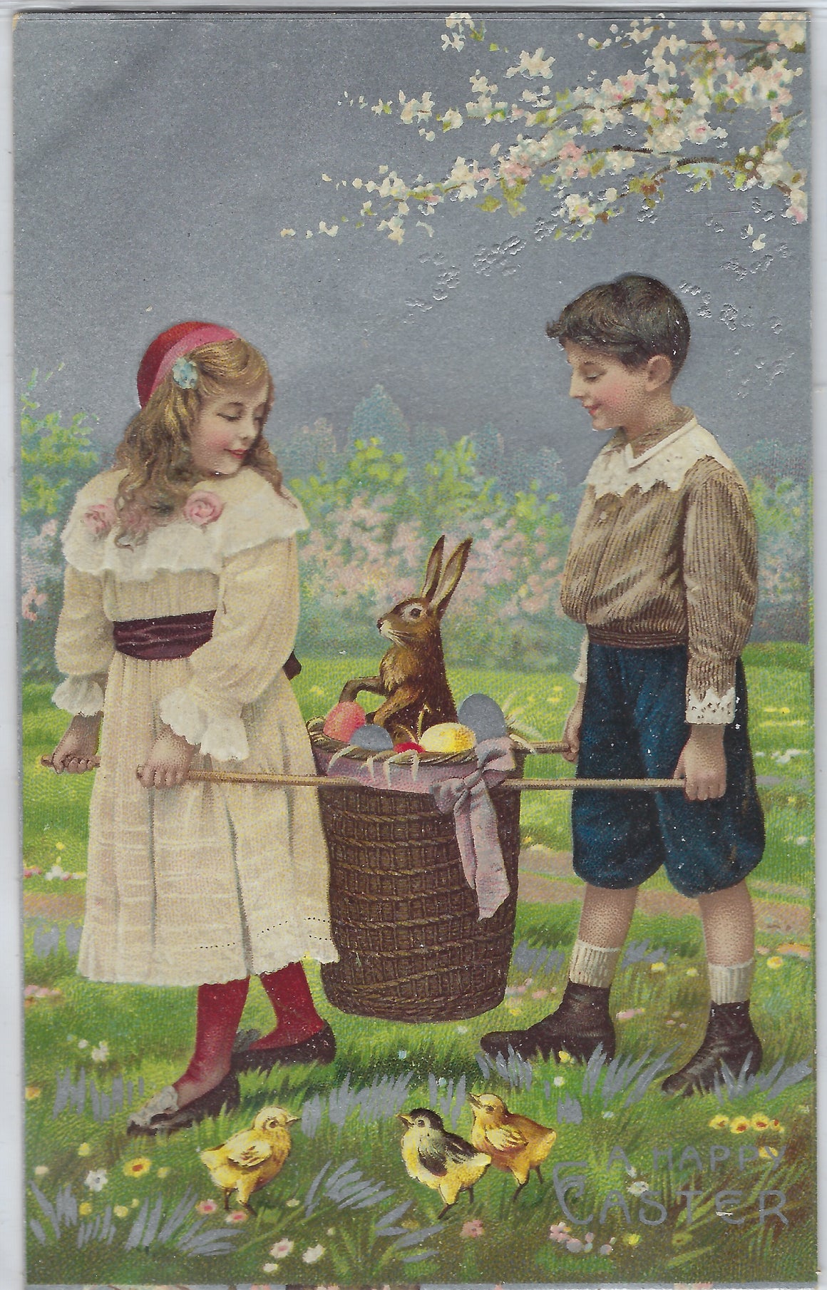 Easter Postcard Children Carrying Large Basket with Painted Eggs and Bunny Rabbit Silver Background Germany